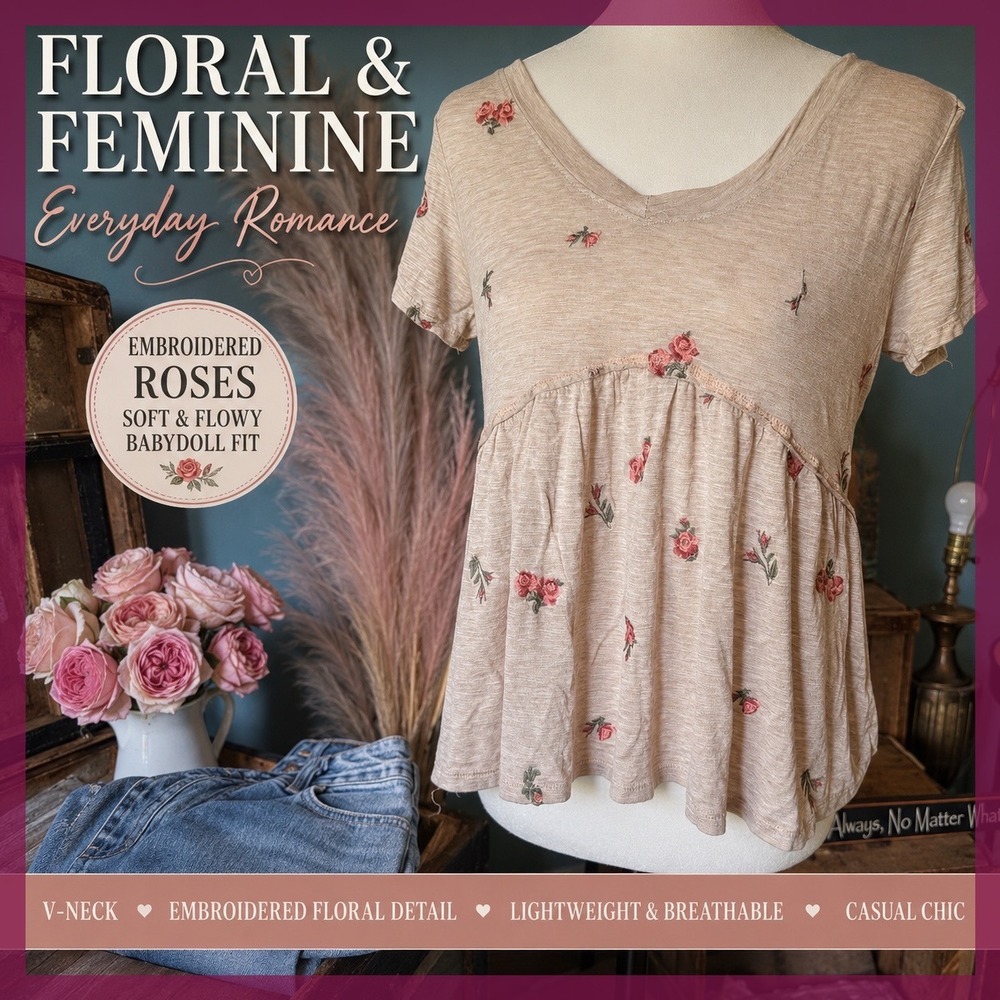 Rewind Blush Floral Embroidered Peplum Babydoll Top Boho V-Neck Pink Medium